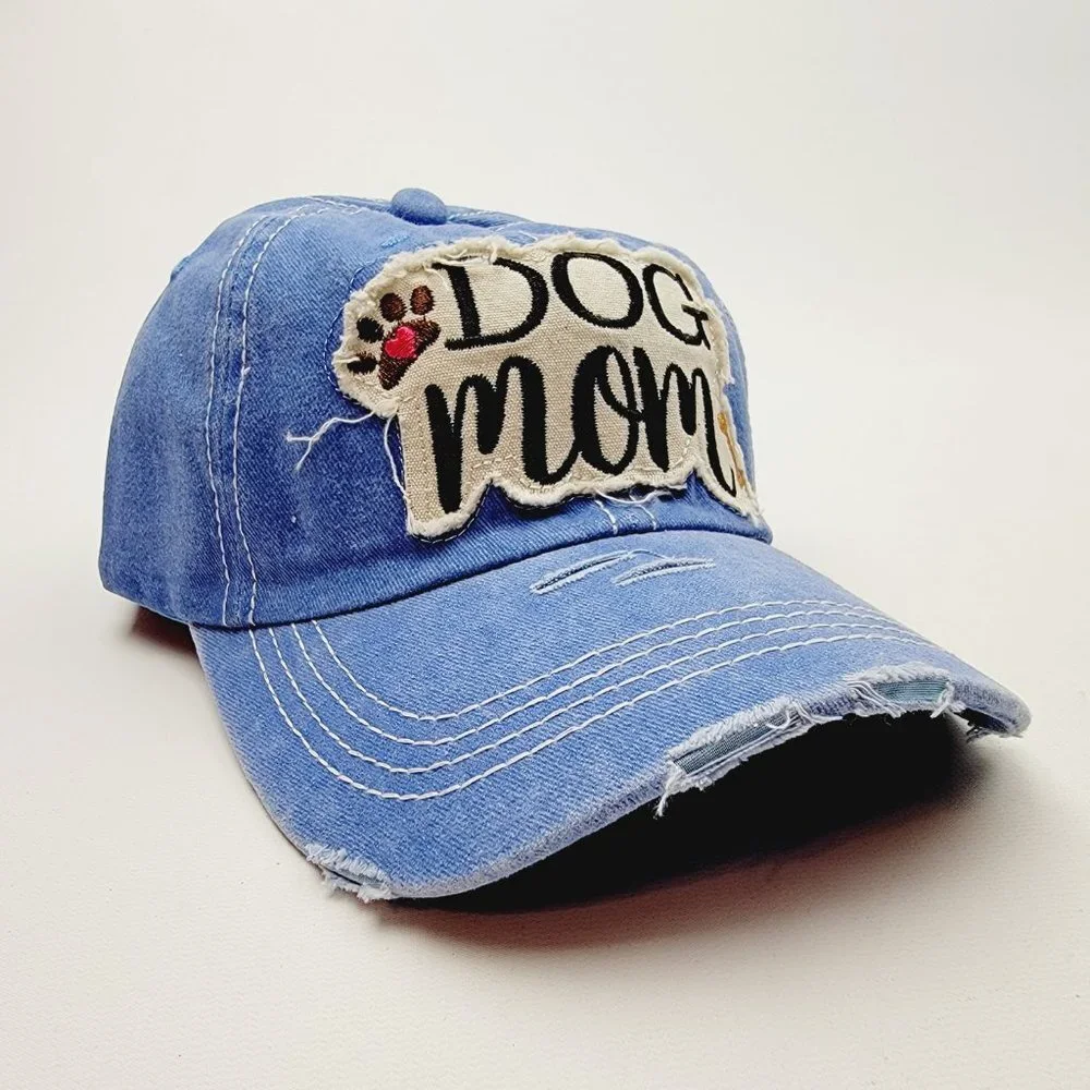 Dog Mom Distressed Relaxed Buckle Strap Full Cover Baseball Hat Cap Blue